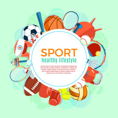 Banner of sport balls and gaming equipment. Poster with text Sport for banner, sticker, web. Healthy lifestyle tools, elements. Vector Illustration. - obrazy, fototapety, plakaty
