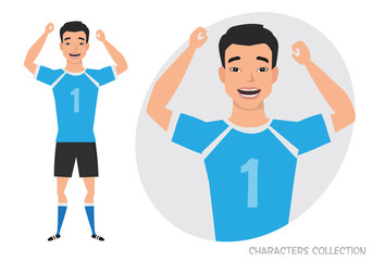 Asian football character. Soccer player. Emotion of joy and glee on the man face.