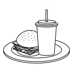 dish with delicious burger and soda vector illustration design