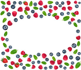 Fresh Berry mix pattern. Fresh  raspberries and blueberries with leaves isolated on white background. Berry ornament