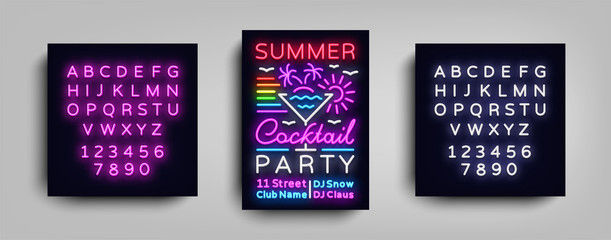 Cocktail Party poster neon. Flyer template design in neon style. Summer Cocktail Party Dance Invitations, Light Banner, Bright Brochure Nightlife. Vector illustration. Editing text neon sign