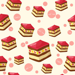 Colorful seamless pattern with tasty piece of cake and jelly in cartoon style. Vector illustration. Desserts Collection.