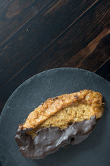 Homemade and traditional Spanish dessert of fried bread soaked with milk, chocolate and honey