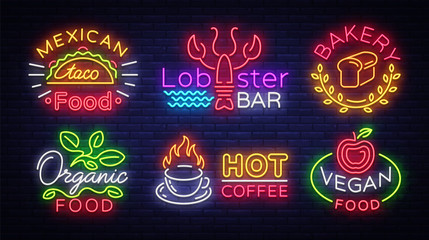 Big collection neon signs on theme food. Vector. Set bright food emblems, Neon food symbols, design template, Mexican food tacos, Lobster Bar, Bakery, Organic, Hot Coffee, Vegan