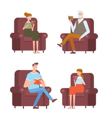 People reading the books sitting in a chair. Love reading.  Cartoon flat vector illustration isolated on white background.