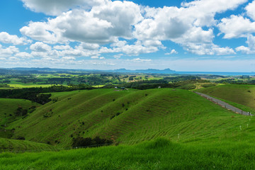 Fototapeta na wymiar Rolling hills and meadows under a blue sky filled with clouds