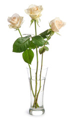 bouquet  of  beauty roses in glass vase isolated on white background