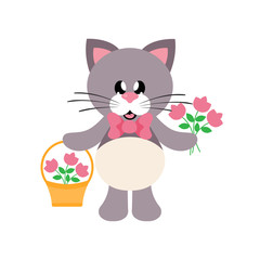 cartoon cute cat with tie and fowers and basket