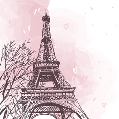 Fototapety  Wieża Eiffla wektor ilustracja na białym tle. Paryski różowy wektor ilustracja. Francuski punkt orientacyjny na białym tle