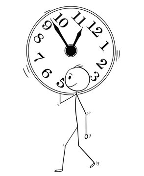 Cartoon stick man drawing conceptual illustration of businessman carry big wall clock. Business concept of time management.