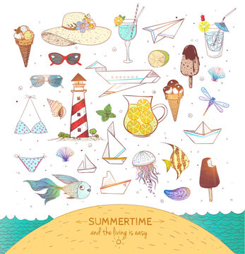 Set of colored summer doodle elements on white background