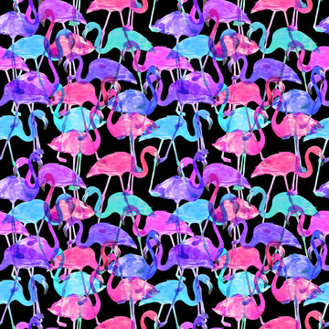 Seamless watercolor pattern with a bird flamingo. Beautiful pink bird. Tropical flamingo.