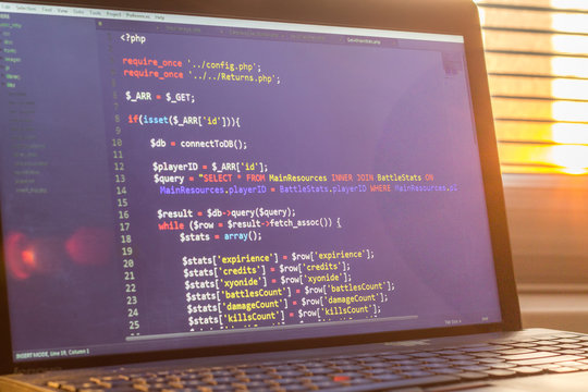 PHP back-end code. Computer programming source code. Abstract screen of web developer. Digital technology modern background. Code is created by myself.