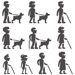 Glyph icons of blind people in different ages and gender / Glyph silhouettes without faces of blind girl and boy, man and woman, grandmother and grandfather with dog and cane, all in side view
