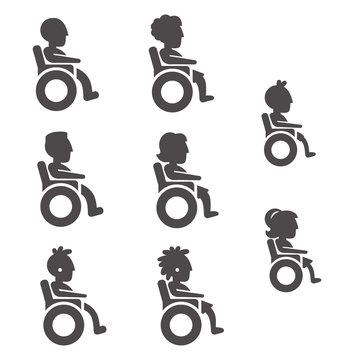 Glyph silhouettes without faces of disabled girl and boy, man and woman, teenagers, grandmother and grandfather in wheelchair, all in side view
