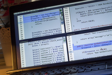 PHP back-end code. Computer programming source code. Abstract screen of web developer. Digital technology modern background. Code is created by myself.