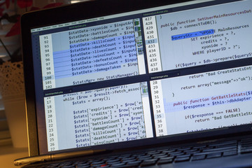 PHP back-end code. Computer programming source code. Abstract screen of web developer. Digital technology modern background. Code is created by myself.