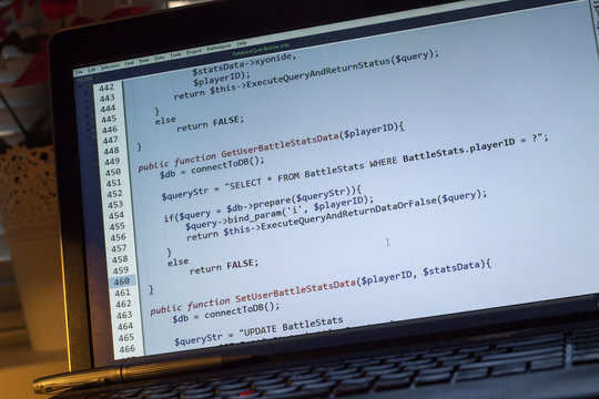 PHP back-end code. Computer programming source code. Abstract screen of web developer. Digital technology modern background. Code is created by myself.