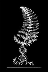 Black and white fern, with the symbol dnk, passing to the roots. Chalk on a blackboard