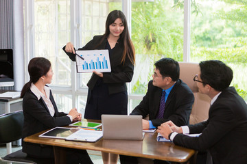 Office lady present graph presentation to team