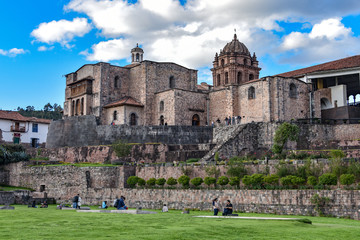 Fototapeta na wymiar Cusco, Peru - April 1, 2018: Qorikancha ruins and convent of Santo Domingo