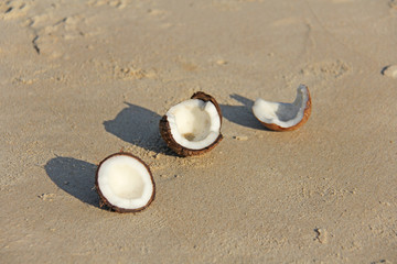 An open brown coconut with white meat lies on the beach, on the sand © Ekaterina