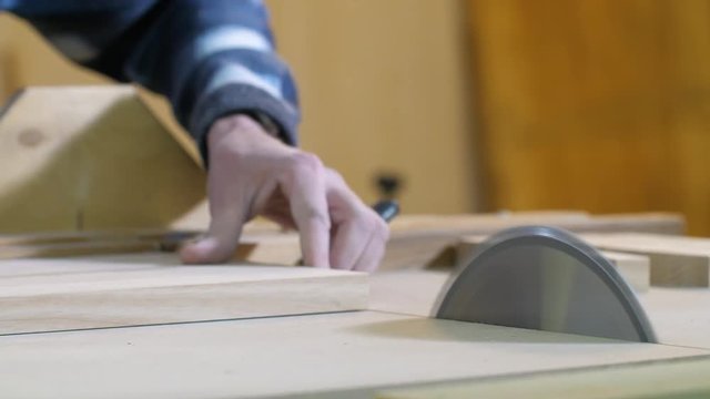 cutting monolit wood plate on a circular saw, machine tool. close-up, woodworking concept 