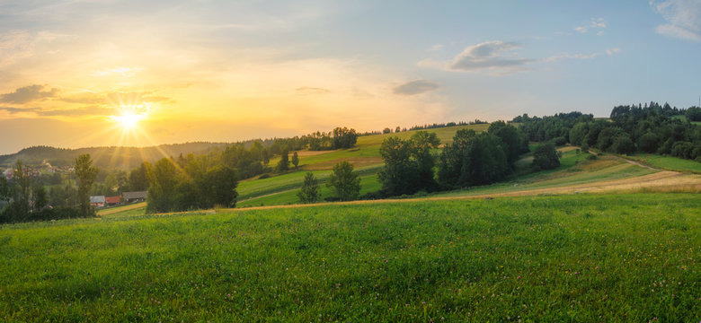 Beautiful sunset panorama view of the mountain Klin village on the left side near Namestovo in Slovakia on sunset