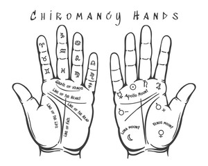 Chiromancy hands. Palmistry astrology mystic psychic hands for tarot cards, occult charts and fate prophecy esoteric vector illustration