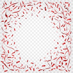 Carnival confetti. Red serpentine ribbons on transparent background for celebrating or anniversary party vector illustration