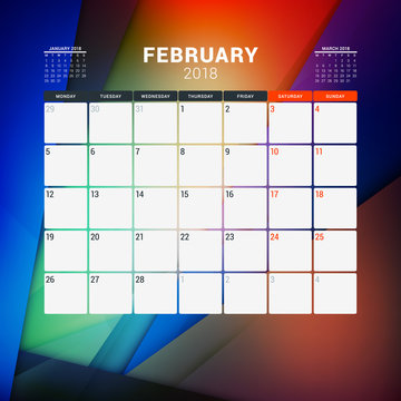 February 2018. Calendar planner design template with abstract background. Week starts on Monday