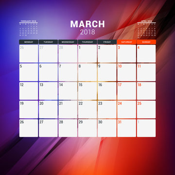 March 2018. Calendar planner design template with abstract background. Week starts on Monday