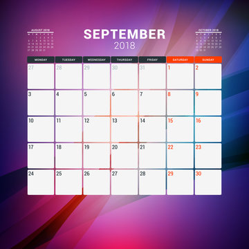 September 2018. Calendar planner design template with abstract background. Week starts on Monday