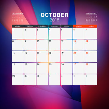 October 2018. Calendar planner design template with abstract background. Week starts on Monday