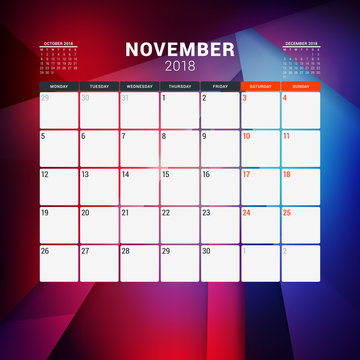November 2018. Calendar planner design template with abstract background. Week starts on Monday