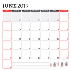 Calendar planner for June 2019. Week starts on Sunday. Printable vector stationery design template