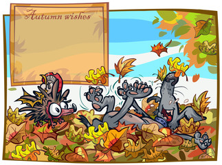 Autumn cartoon illustration with dog and hedgehog. All in separate layers for easy editing.