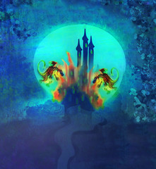Obraz na płótnie Canvas Two dragons attacking the castle