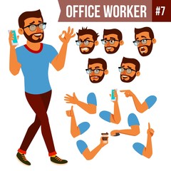 Office Worker Vector. Face Emotions, Various Gestures. Animation Creation Set. Business Man. Professional Cabinet Workman, Officer, Clerk. Isolated Cartoon Character Illustration