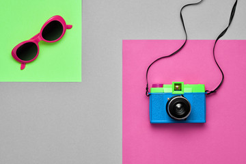 Fashion Film Camera. Hot Summer Vibes. Pop Art. Creative Retro Design. Hipster Trendy Sunglasses, Accessories. Sunny Still life. Bright Sweet Style. Minimal