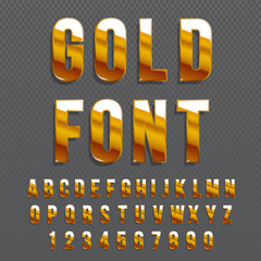 Golden glossy vector font or gold alphabet. Gold typeface. Metallic 
 alphabet typographic illustration.