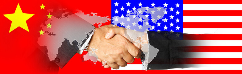 China and US flags with a handshake on world map  background