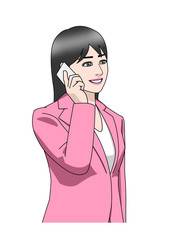 ビジネス　アジア　女性　スーツ　ピンク　スマホ