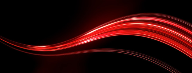 Light and stripes, glow abstract effect, paint splash, colorful curl, artistic spiral. Vivid red ribbon on black background. 3d illustration