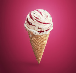 Delicious vanilla ice cream with chocolate crumbs and raspberry jam in waffle cone isolated on pink background. 3D illustration