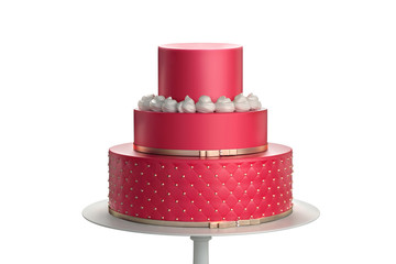 Delicious red three tiered wedding cake on a white plate isolated on white background. 3d illustration