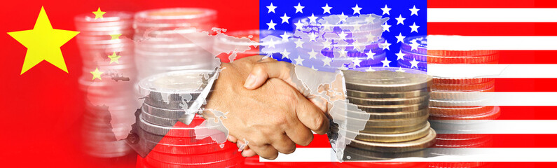 China and US flags with a handshake on world map  background