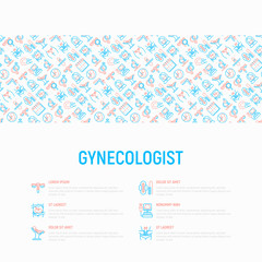 Fototapeta na wymiar Gynecologist concept with thin line icons: uterus, ovaries, gynecological chair, pregnancy, ultrasound, embryo, menstruation, ovulation, vaginal expander. Modern vector illustration.
