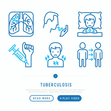 Tuberculosis thin line icons set: infection in lungs, x-ray image, dry cough, pain in chest and shoulders, Mantoux test, weight loss. Vector illustration for web page template.