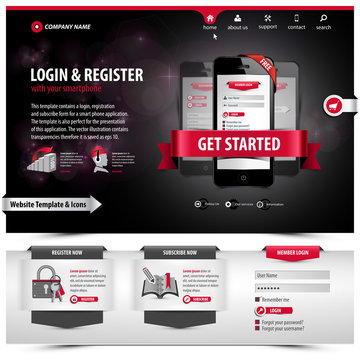 website template design containing web elements: header menu with flat icon set, footer tab form, layouts, banners, plugin apps, login, register symbols, 3d ribbons, buttons, eps10 vector illustration